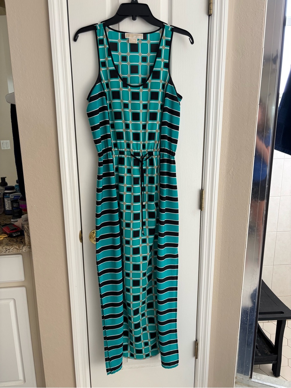 Michael Kors Teal and Black Geometric & Stripe Maxi Dress
